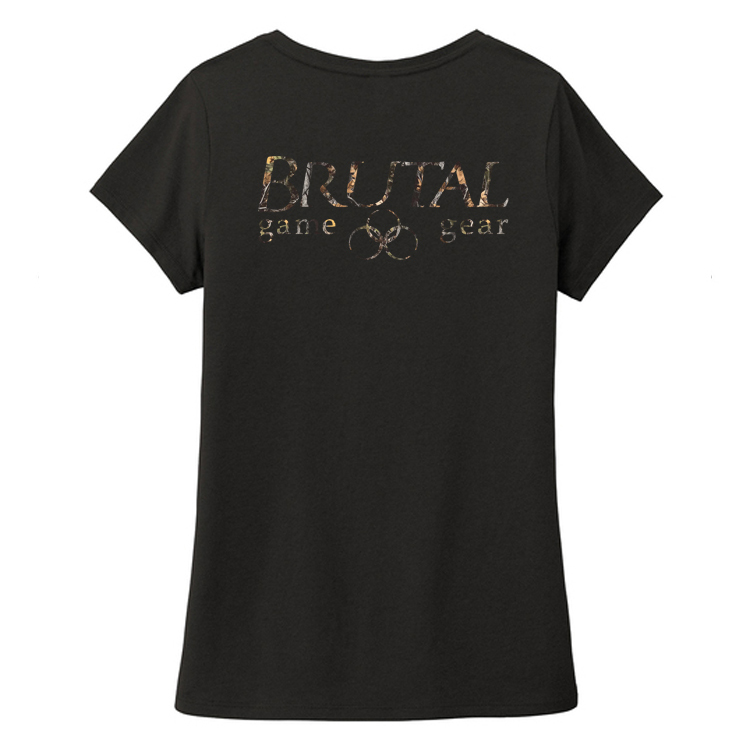 Hunting camo logo tee ladies v back blk BHLT26 Brutal Hunting Camo Logo Tee